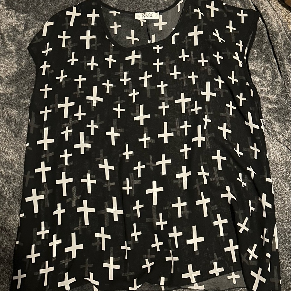 Chic Black and White Cross Pattern Blouse